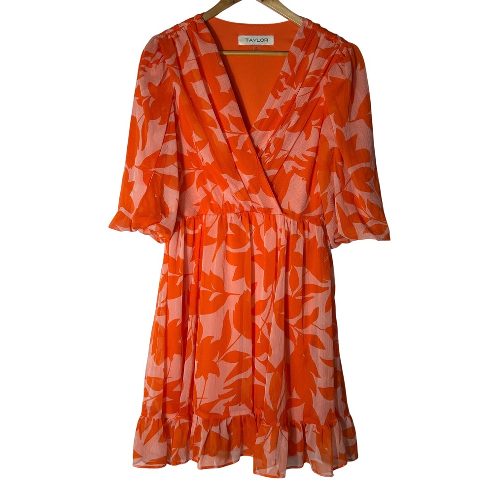 Taylor Dress Size 8 Orange Pink‎ Floral Leaf V-Neck Ruffle Hem Fit & Flare